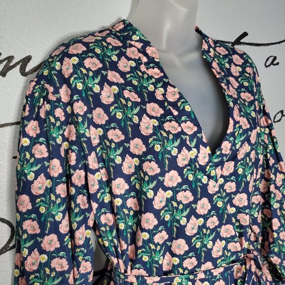 THML Navy Floral Long Sleeve, V Neck, Shirt Dress, M - Picture 2 of 10